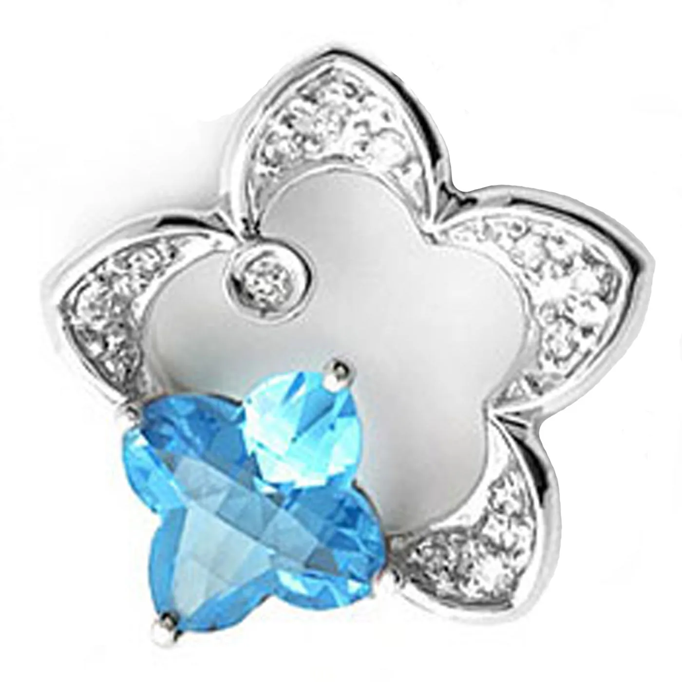 14k White Gold Clover Shape Blue Topaz and Diamond Star Pendant