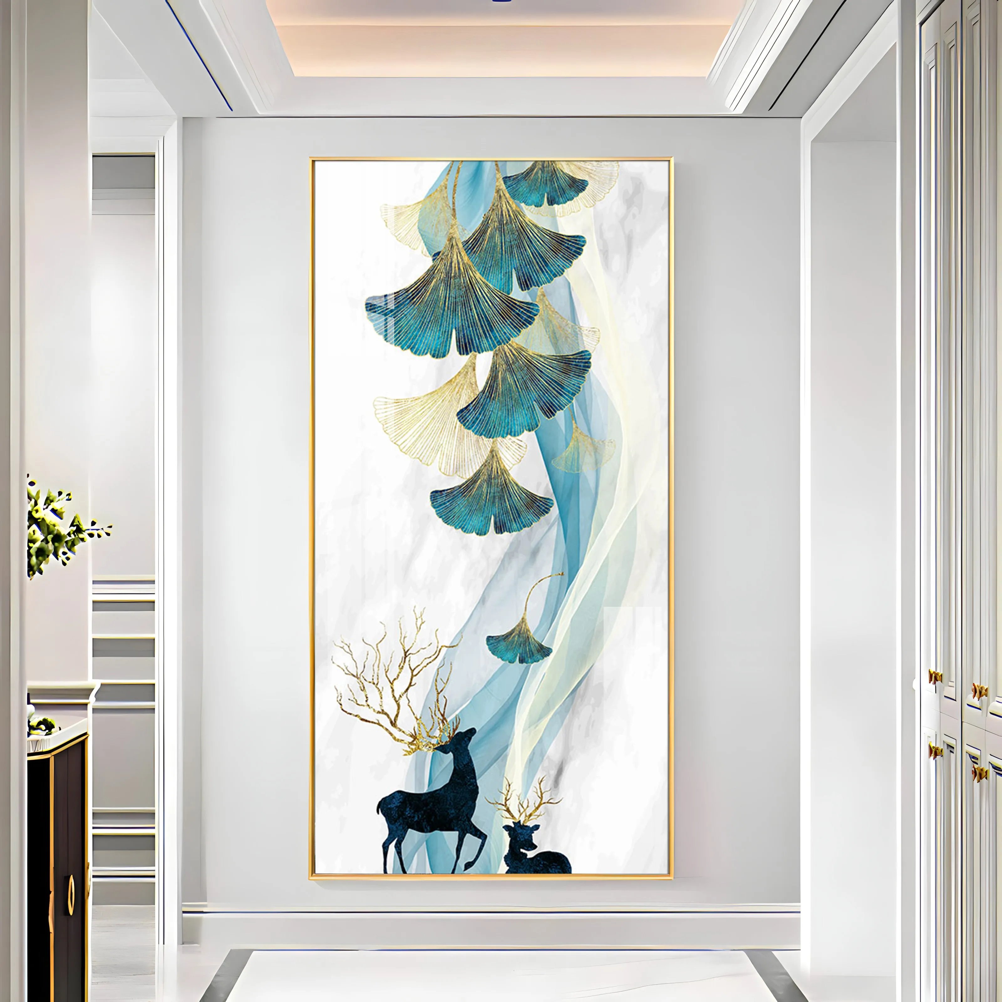 Beige Ginkgo Biloba with Deer Luxury Crystal Wall Art