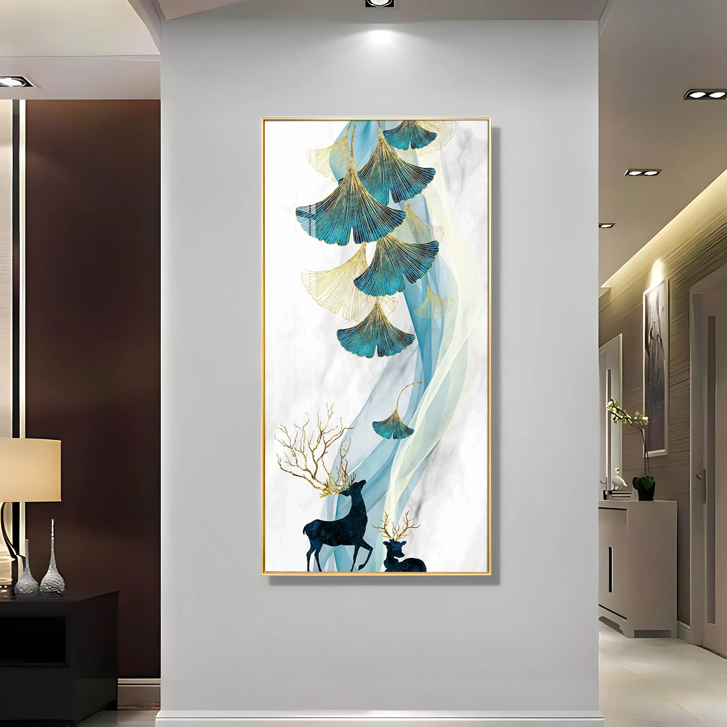 Beige Ginkgo Biloba with Deer Luxury Crystal Wall Art