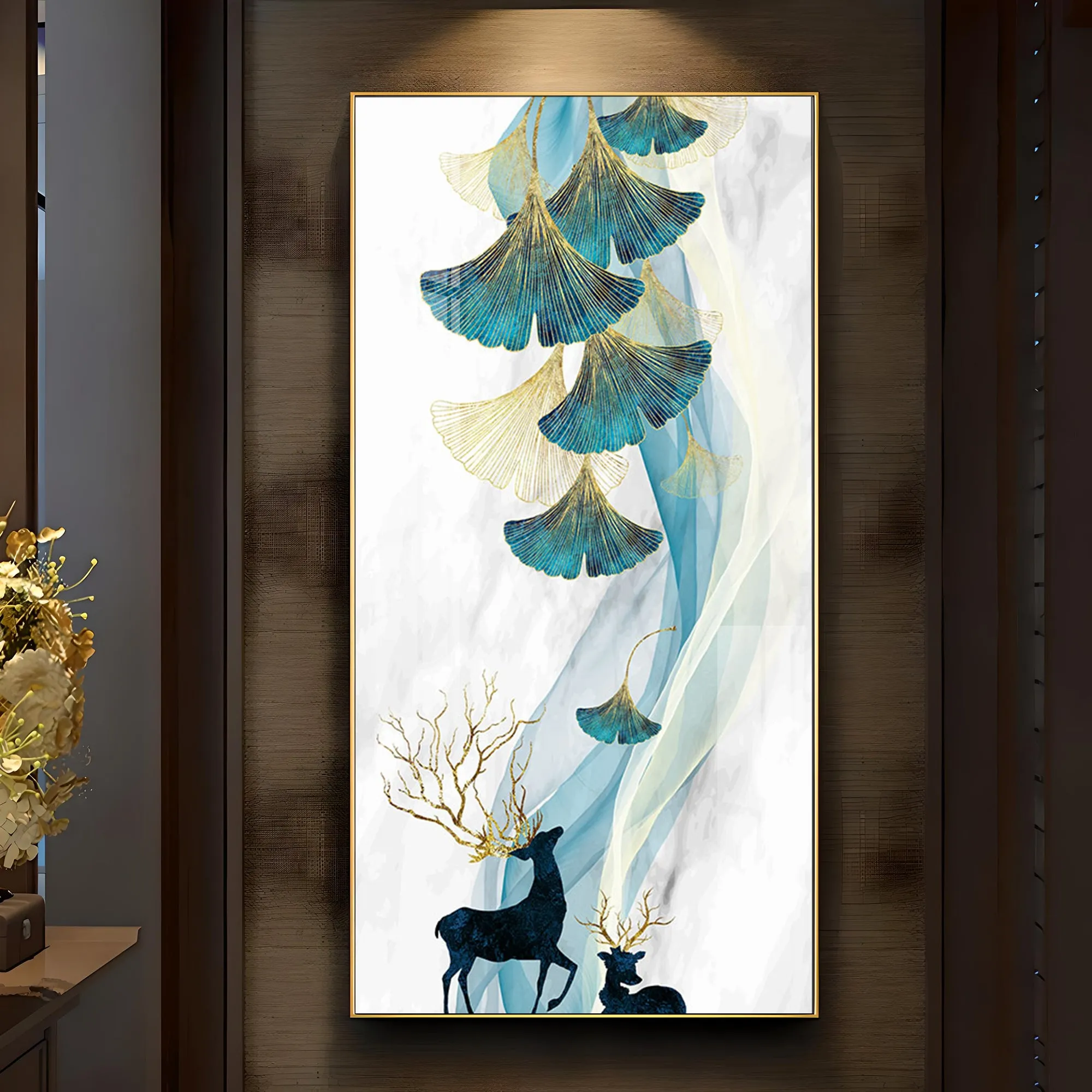 Beige Ginkgo Biloba with Deer Luxury Crystal Wall Art