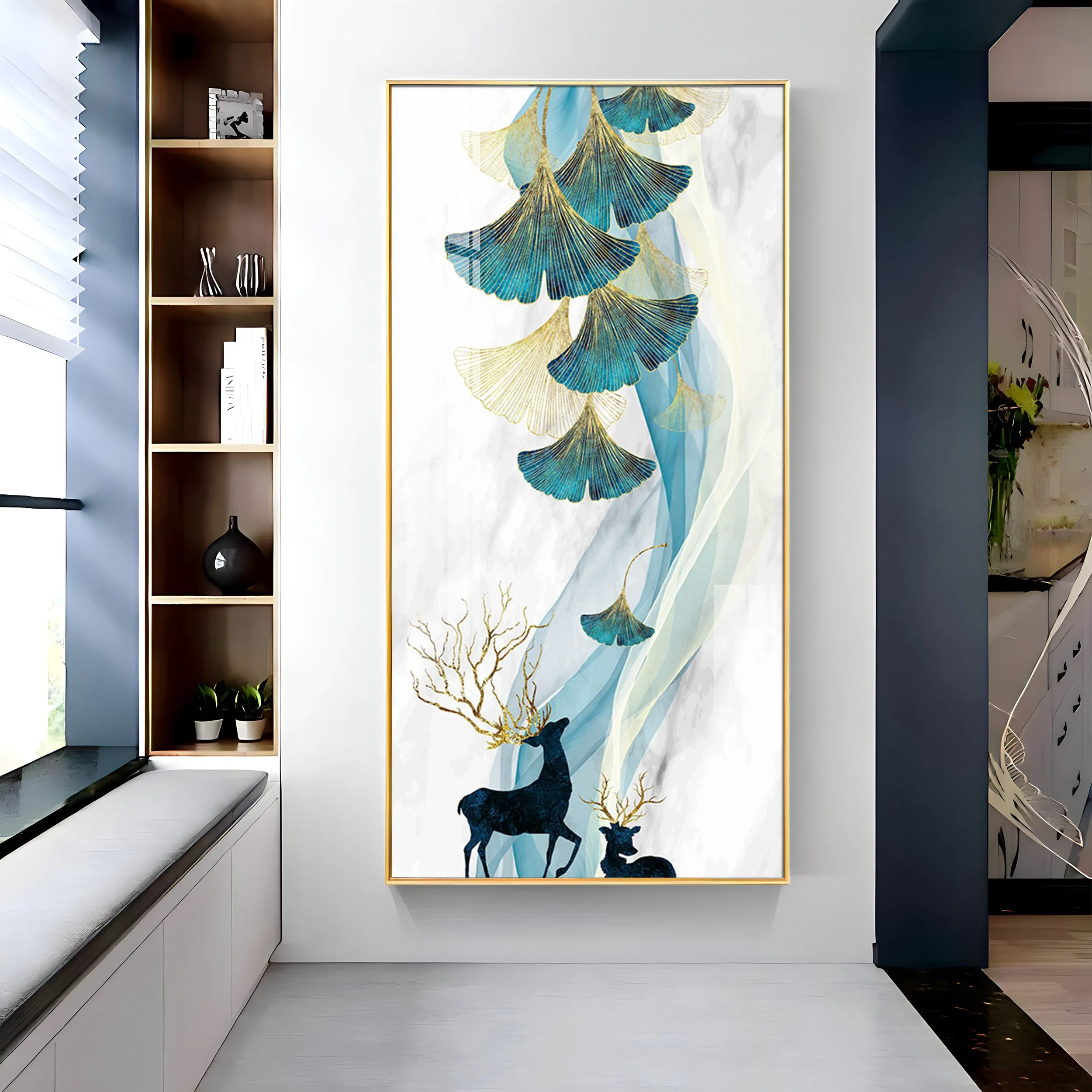 Beige Ginkgo Biloba with Deer Luxury Crystal Wall Art