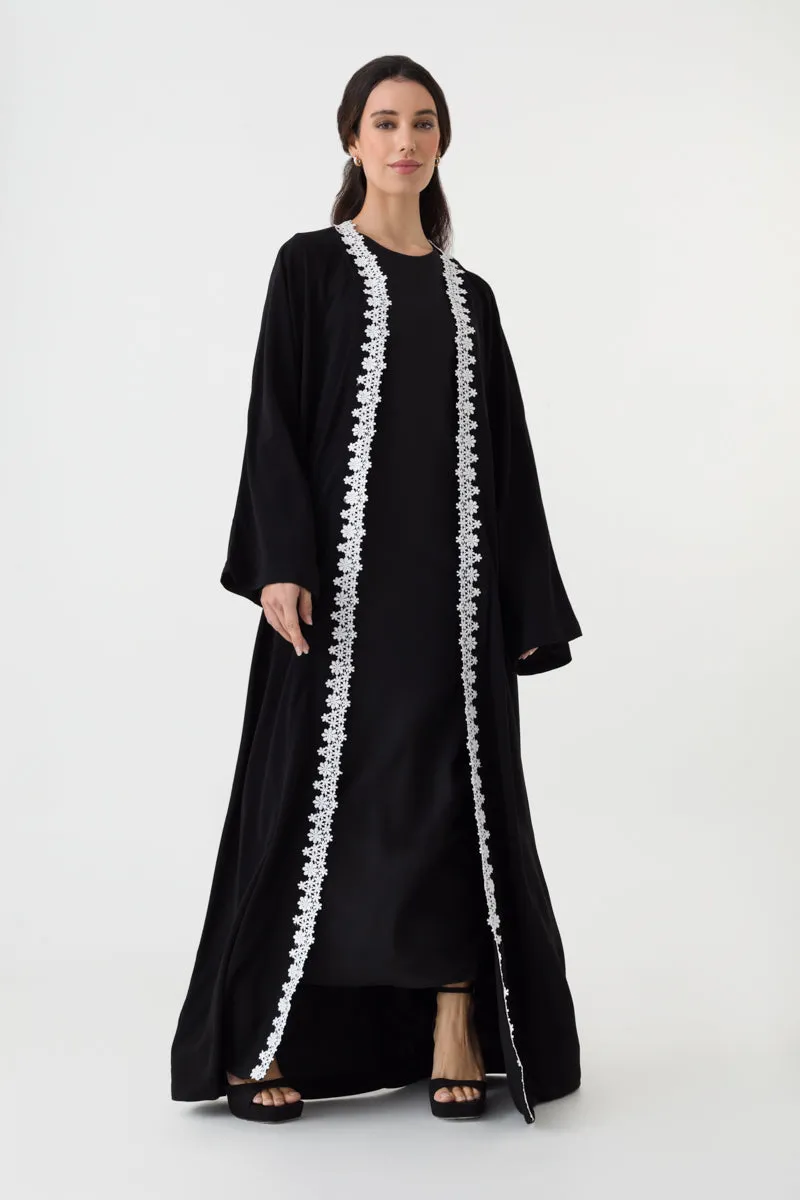 Black White Open Abaya With Belt