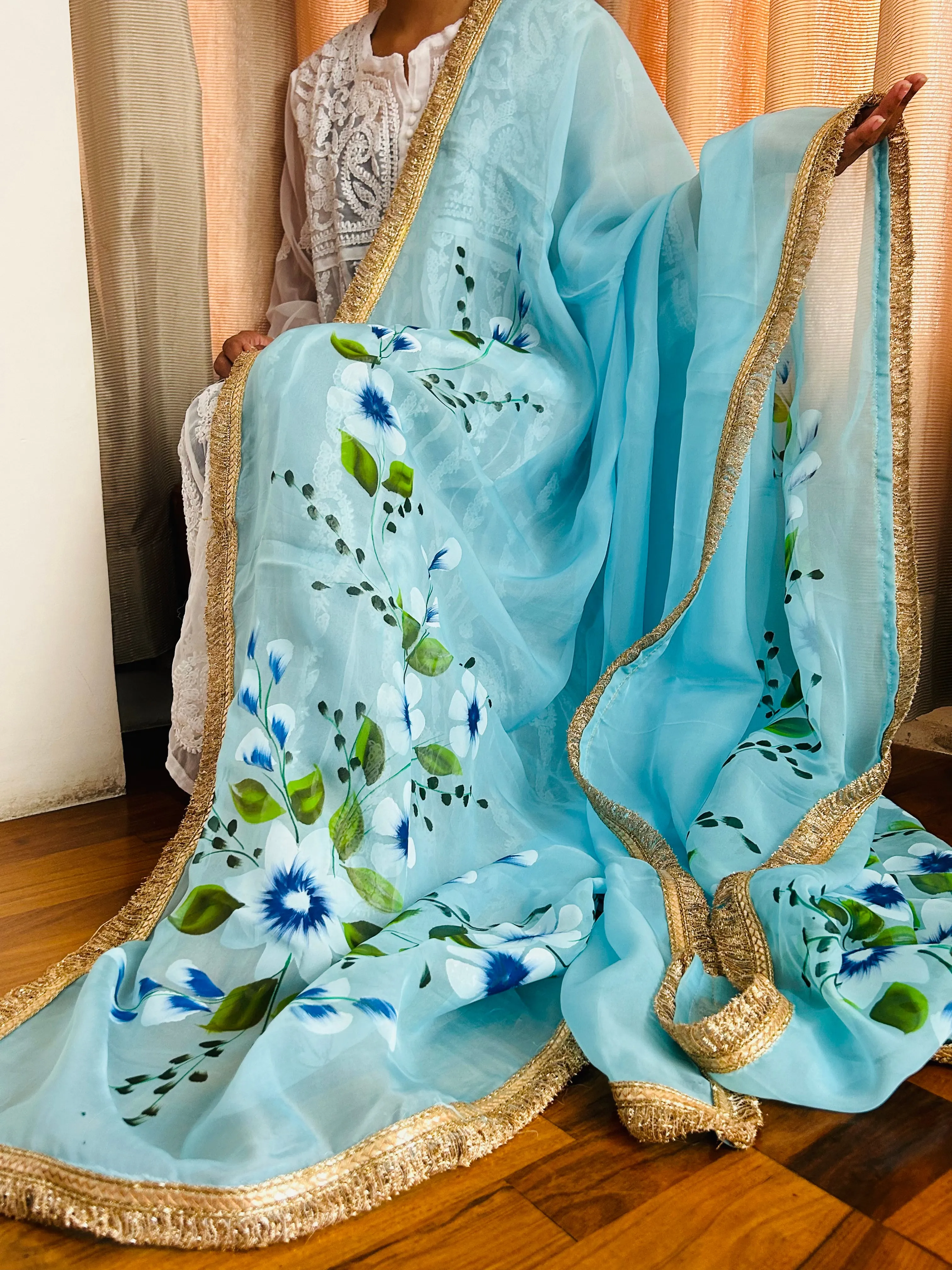 Blue Designer Organza Dupatta