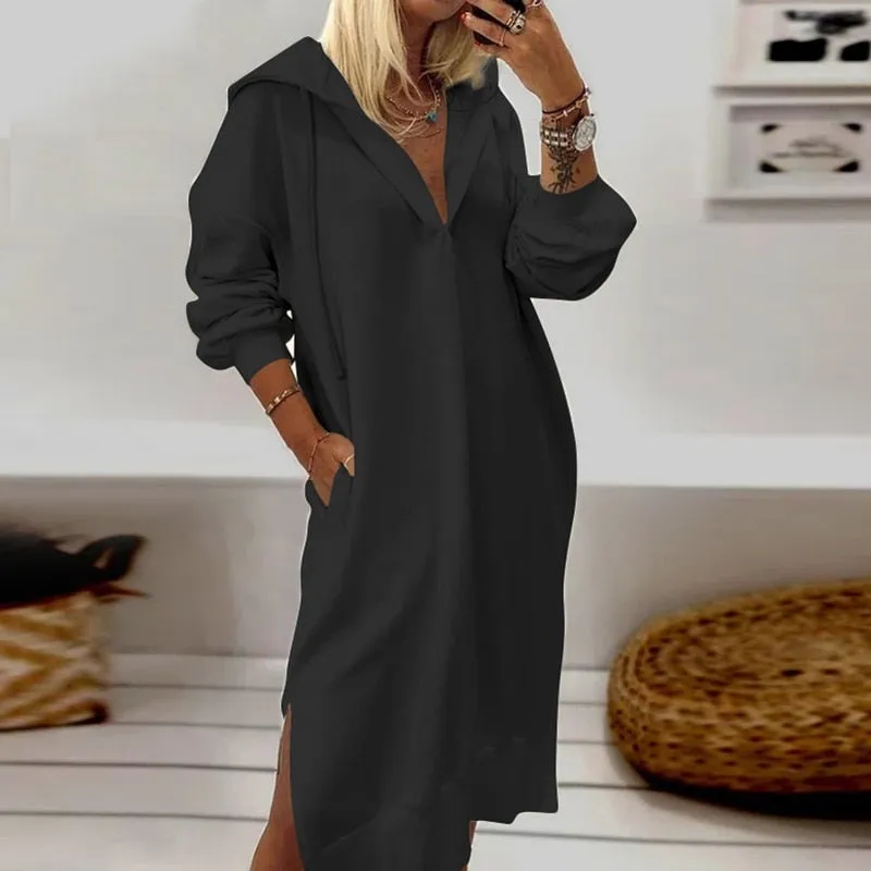 Casual Loose Side Trendy Split Hooded Pullover Dress