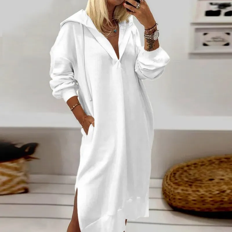 Casual Loose Side Trendy Split Hooded Pullover Dress