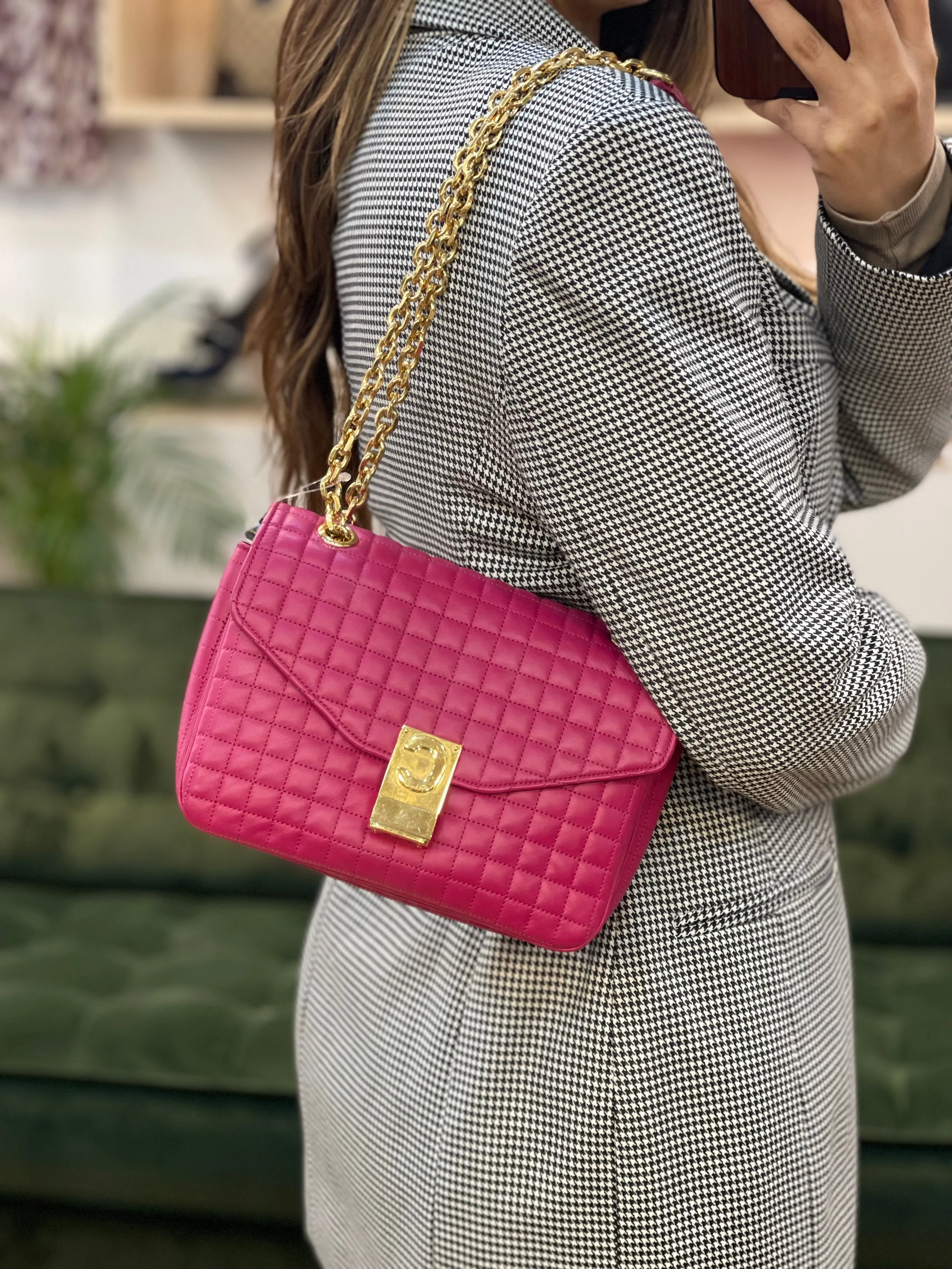 Celine Pink Quilted Leather 'C' Chain Shoulder