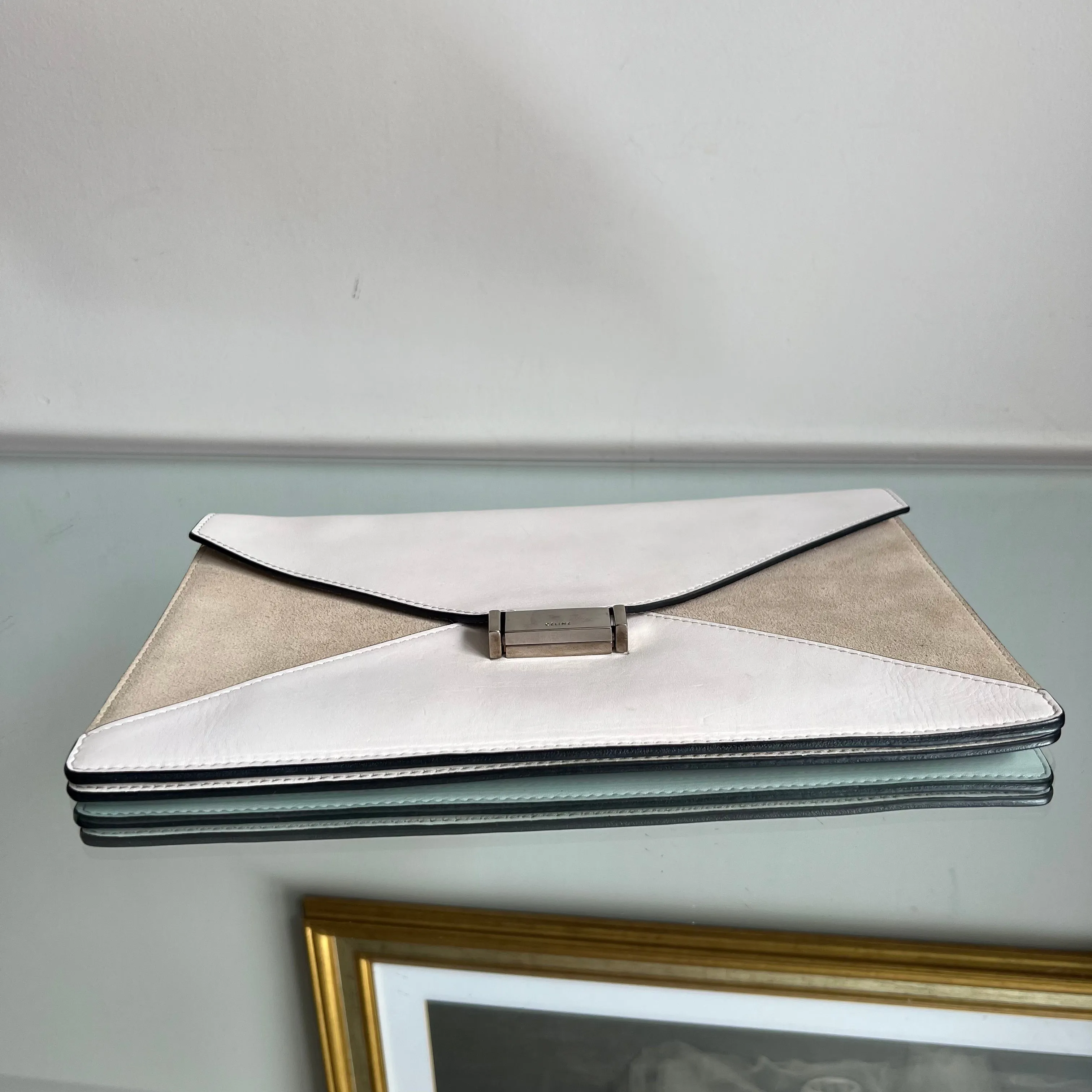 Clutch Celine Diamond Couro Branco e Suede Bege