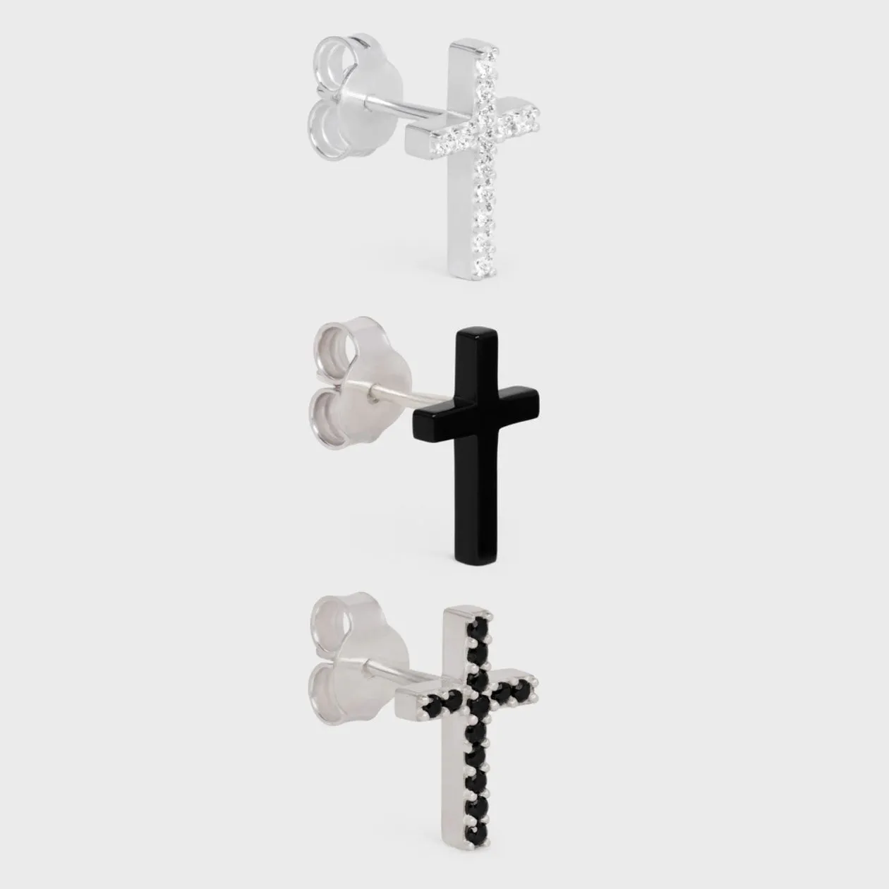 Cross Set Of 3 Studs In Brass With Rhodium Finish, Crystals And Varnish