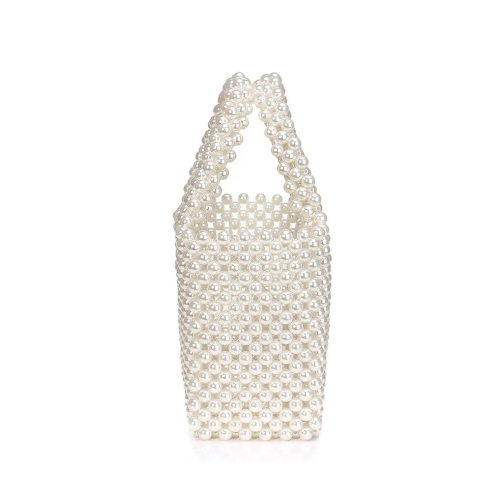 Elegant Top Handle Hand-Woven Pearlized Beaded Clutch Bag - White