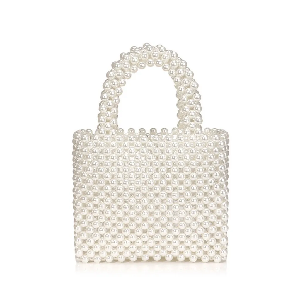 Elegant Top Handle Hand-Woven Pearlized Beaded Clutch Bag - White