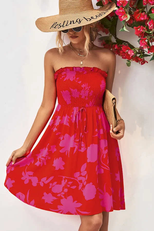 Floral Print Strapless Trendy Tie Waist Casual Dress