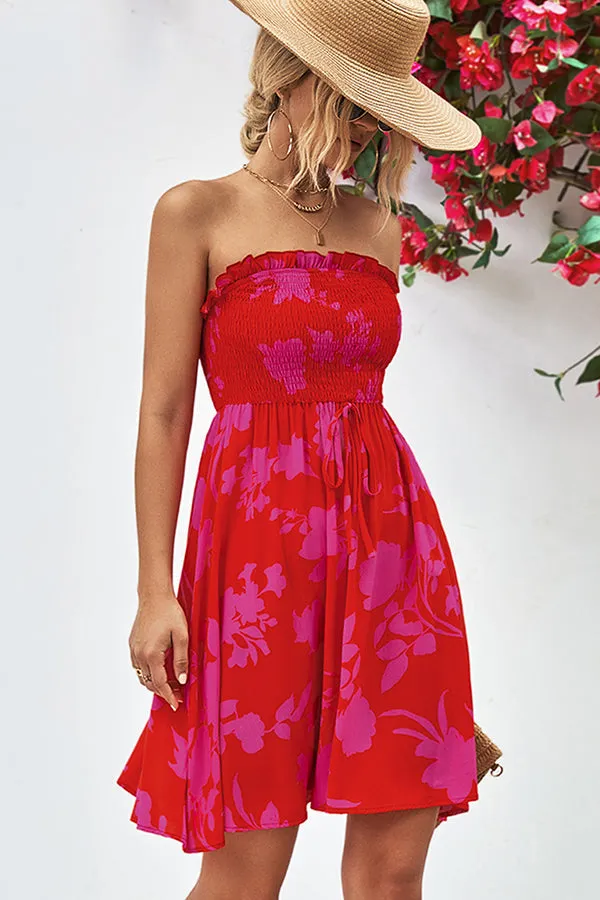 Floral Print Strapless Trendy Tie Waist Casual Dress