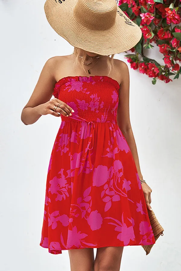 Floral Print Strapless Trendy Tie Waist Casual Dress