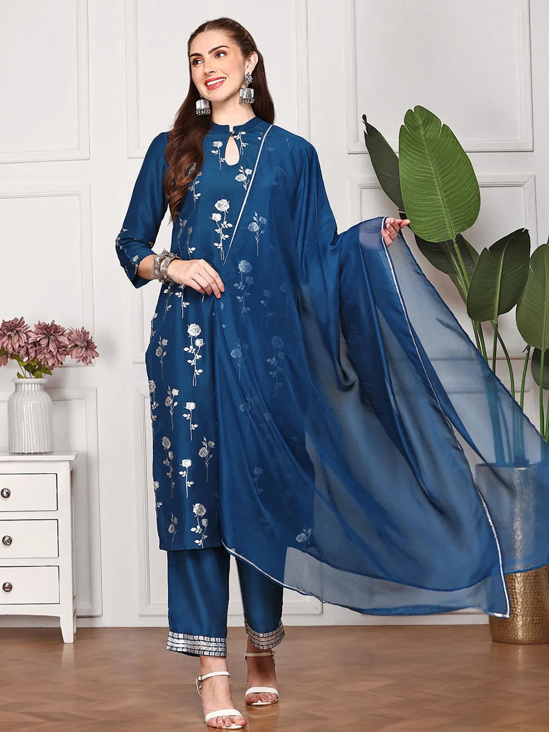 Floral Printed Keyhole Neck Straight Kurta With Palazzos & Dupatta