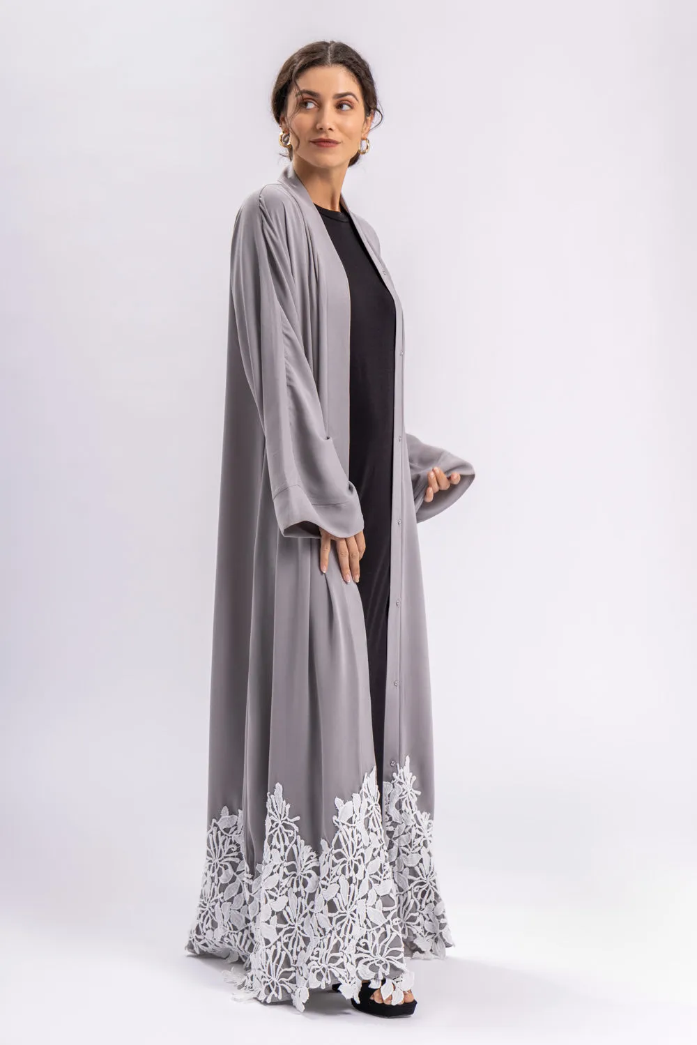 Grey Lace Open Abaya