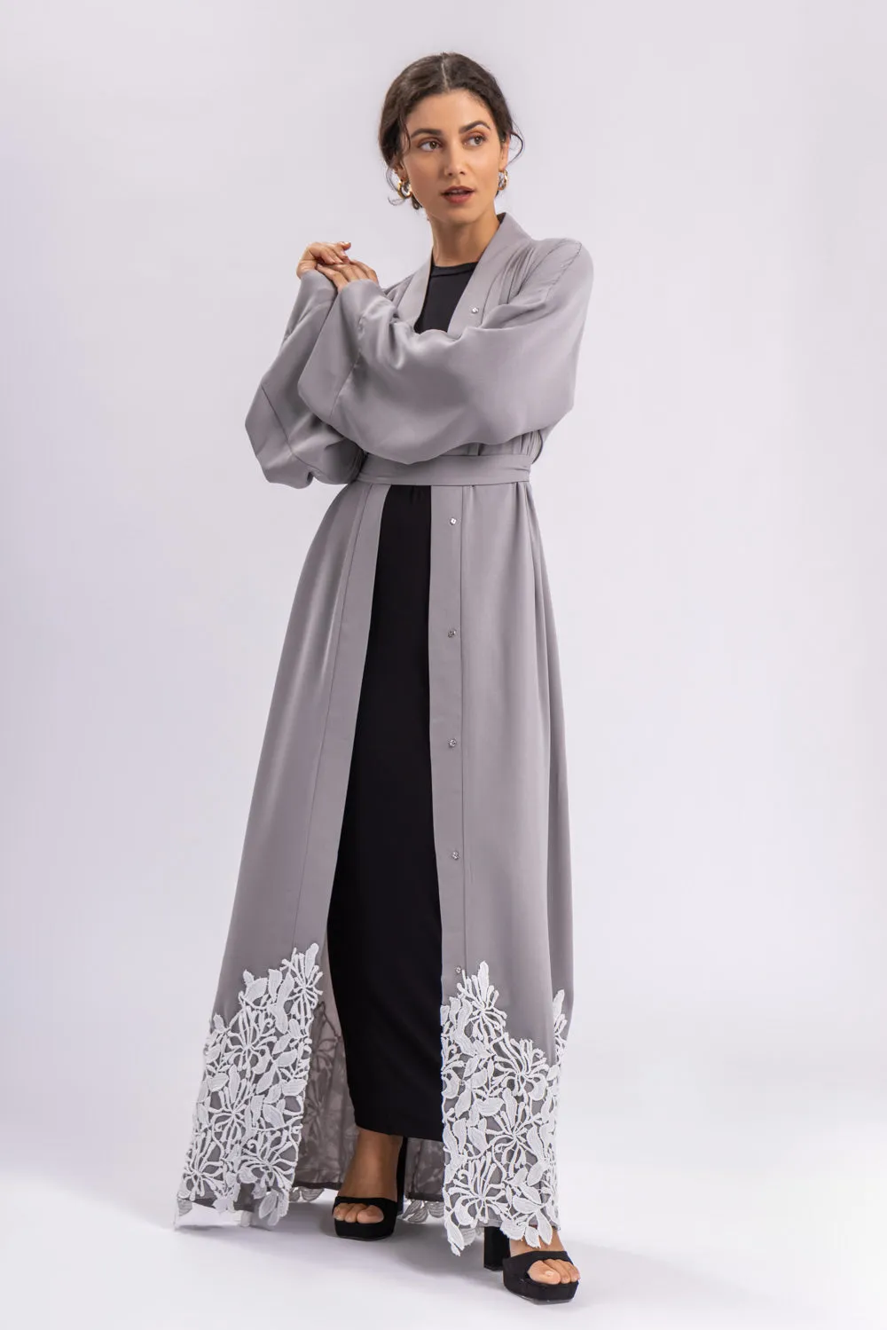 Grey Lace Open Abaya