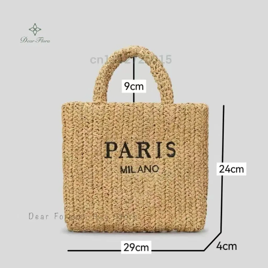 Large Capacity Paris Print Rattan Tote Handbags