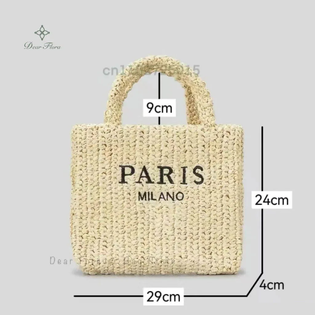 Large Capacity Paris Print Rattan Tote Handbags