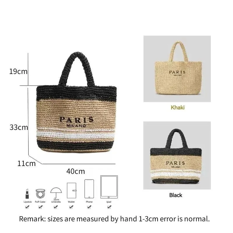 Large Capacity Paris Print Rattan Tote Handbags