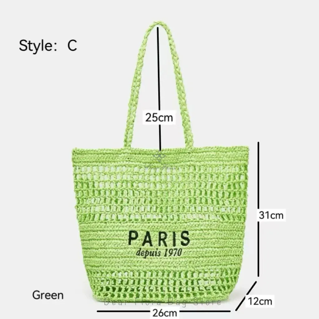 Large Capacity Paris Print Rattan Tote Handbags