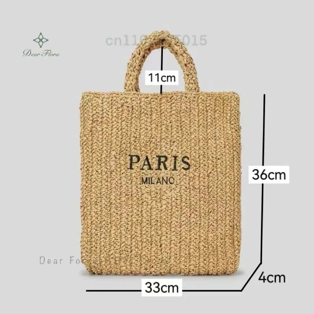 Large Capacity Paris Print Rattan Tote Handbags