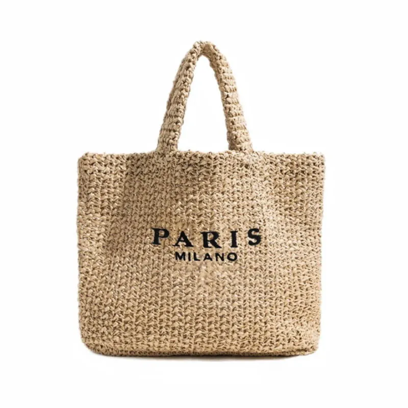 Large Capacity Paris Print Rattan Tote Handbags