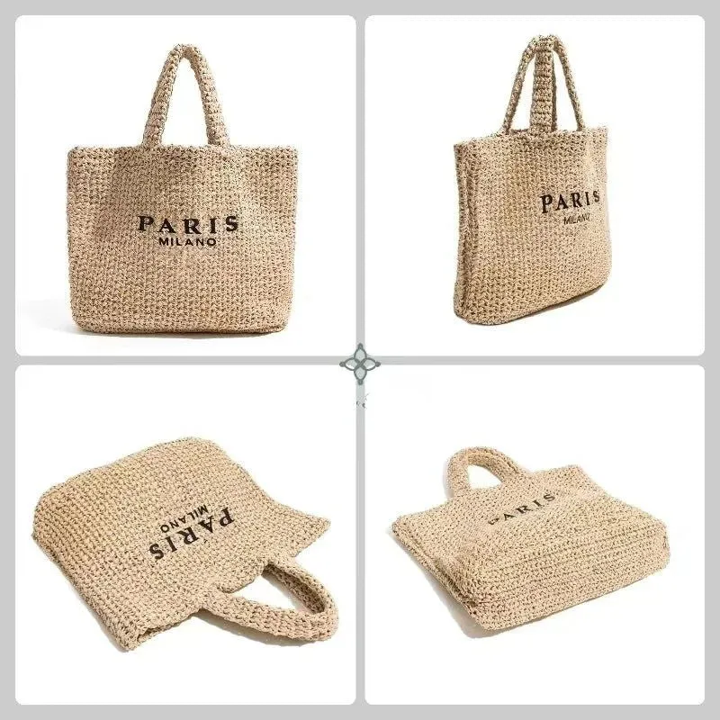 Large Capacity Paris Print Rattan Tote Handbags