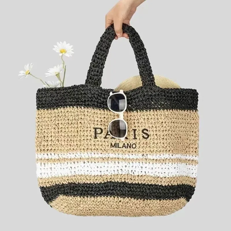 Large Capacity Paris Print Rattan Tote Handbags