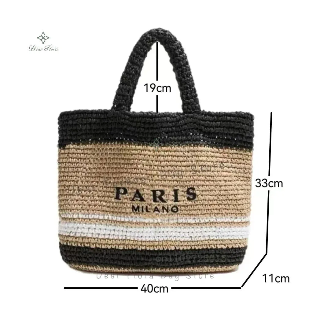 Large Capacity Paris Print Rattan Tote Handbags