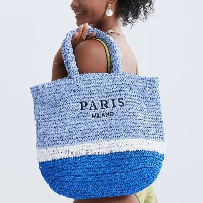 Large Capacity Paris Print Rattan Tote Handbags