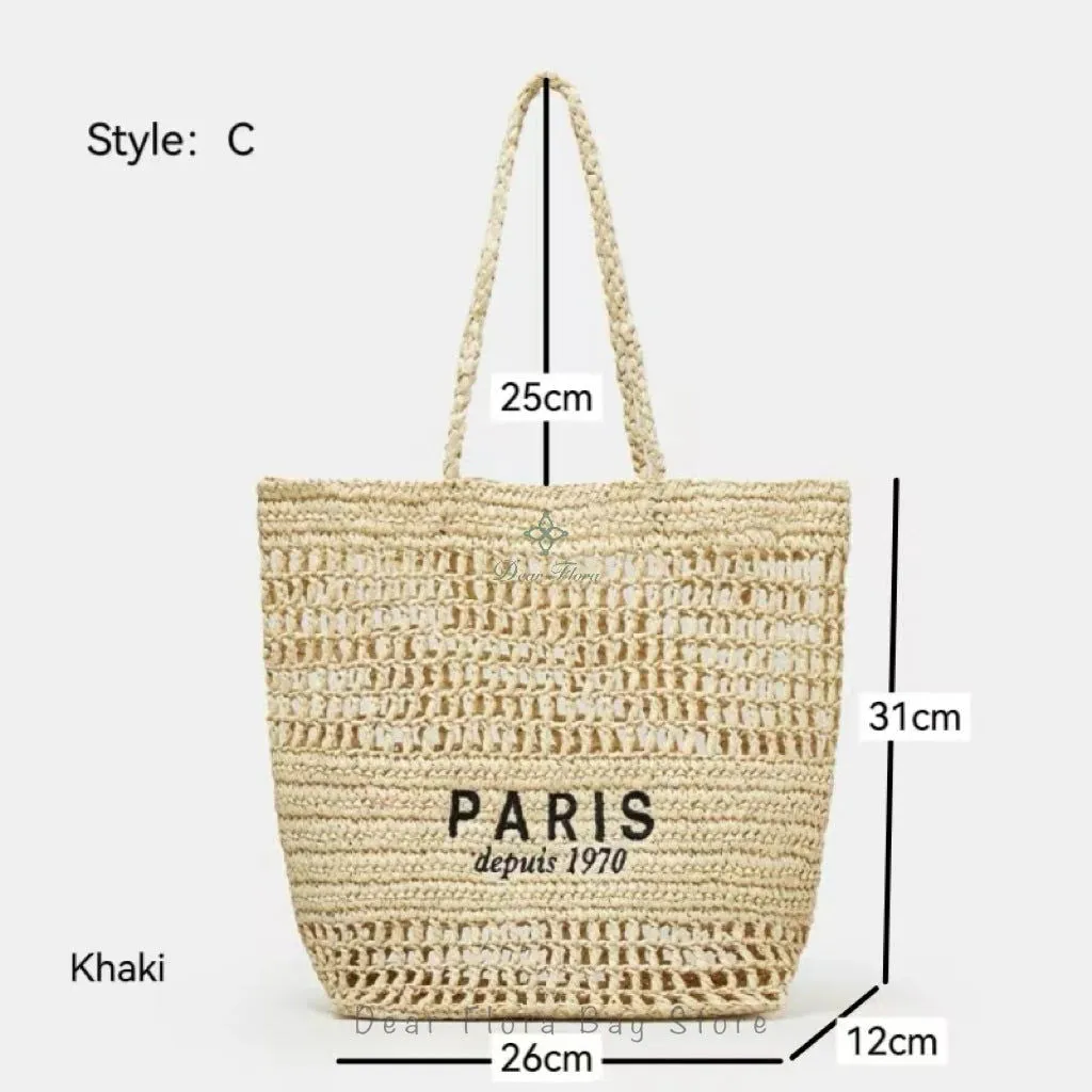 Large Capacity Paris Print Rattan Tote Handbags