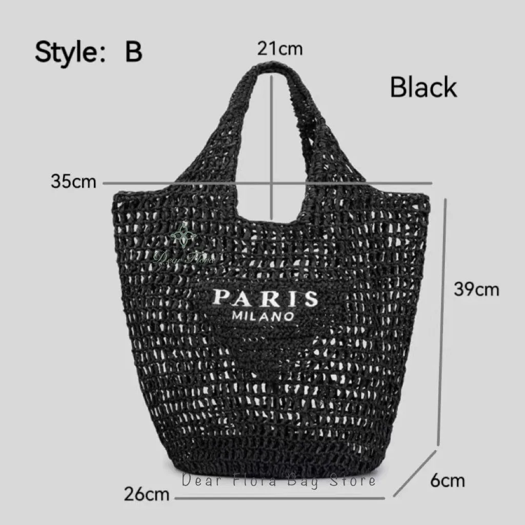 Large Capacity Paris Print Rattan Tote Handbags