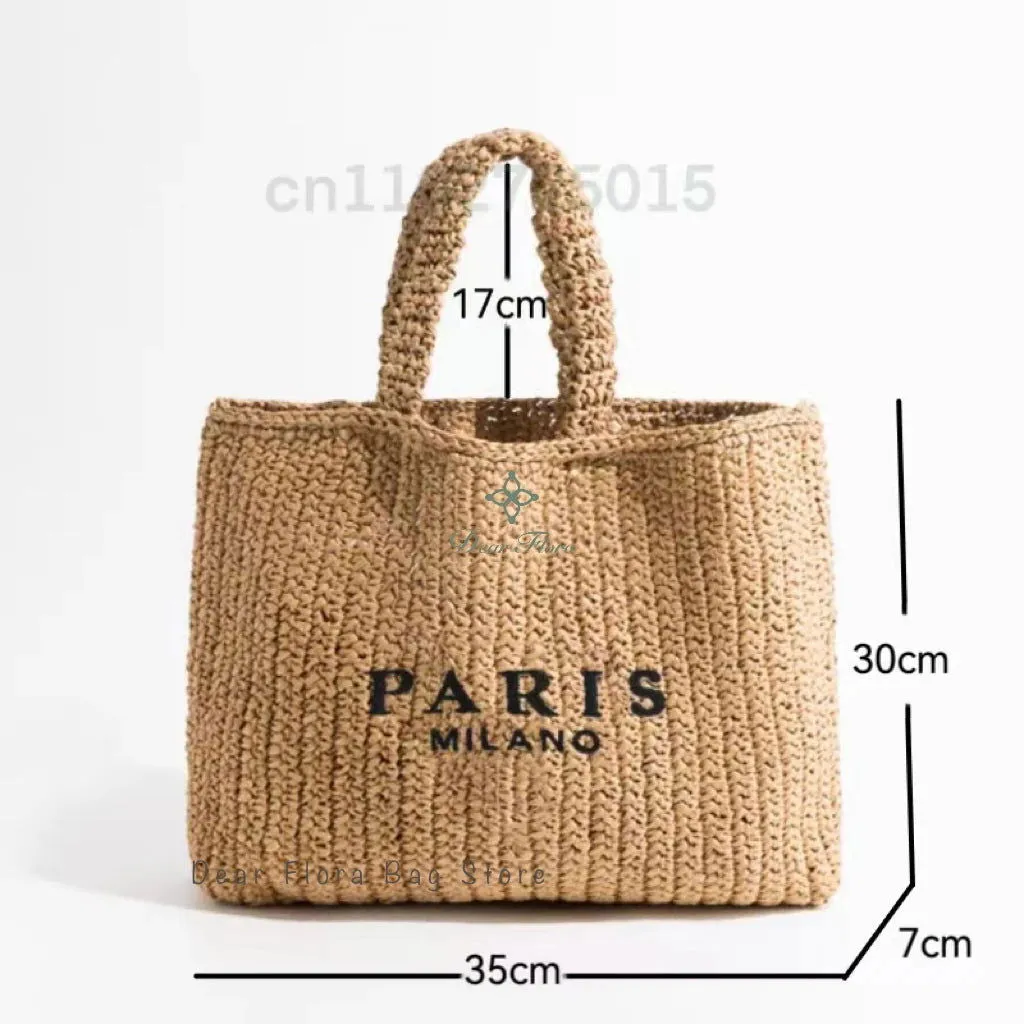 Large Capacity Paris Print Rattan Tote Handbags