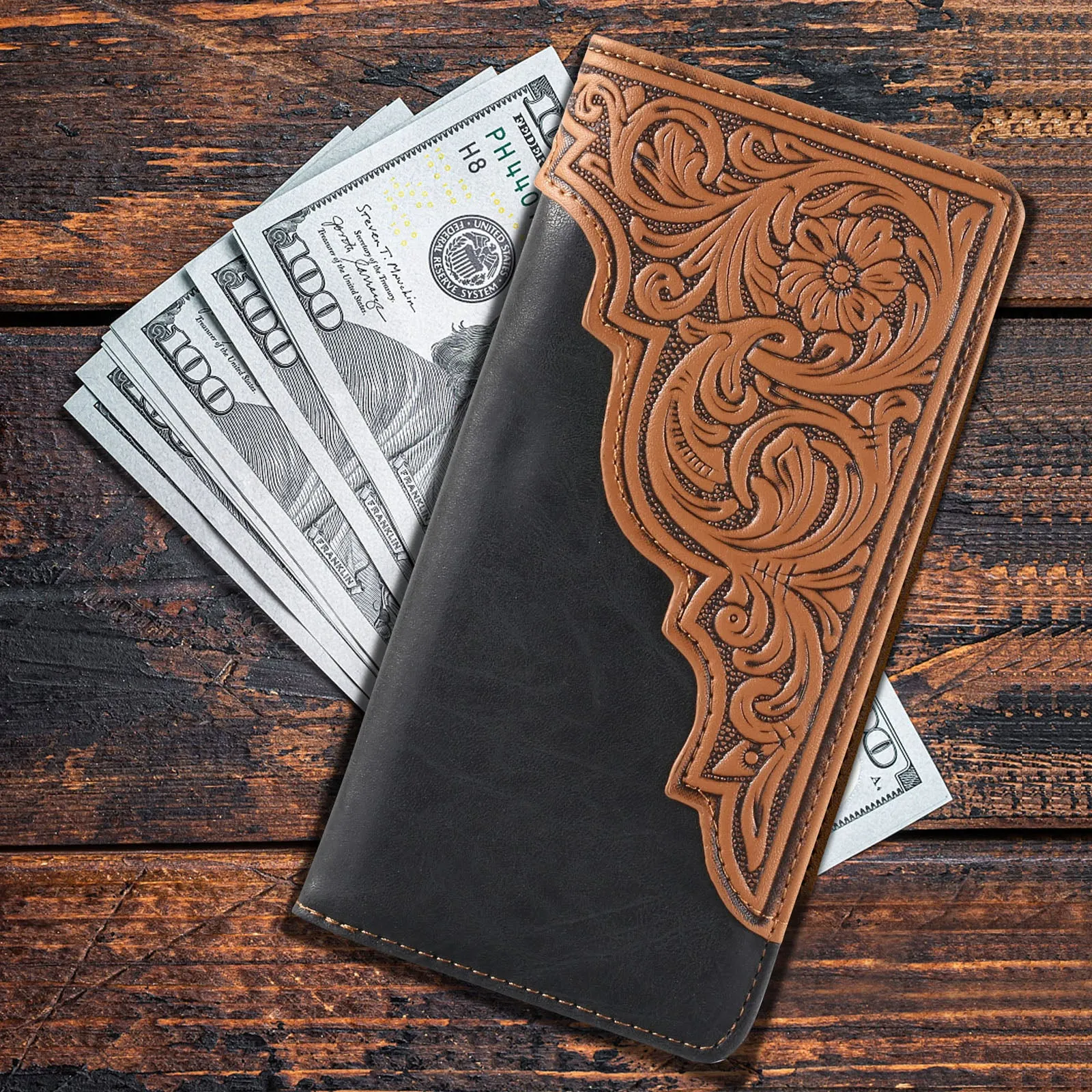 MW-612  Embossed Floral  Men's Bifold Long PU Leather Wallet