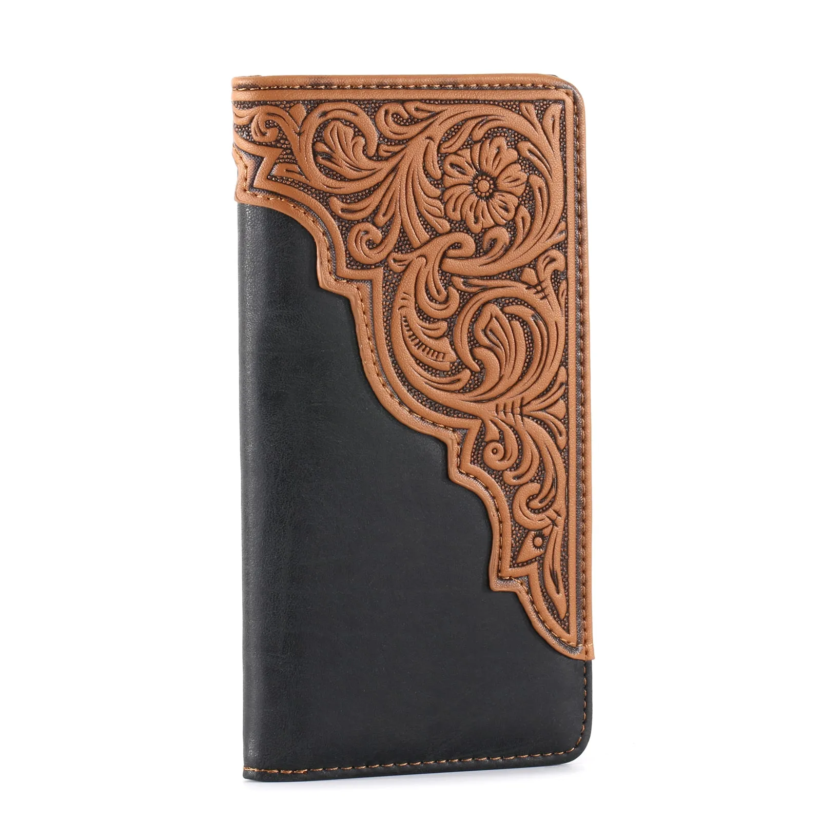 MW-612  Embossed Floral  Men's Bifold Long PU Leather Wallet