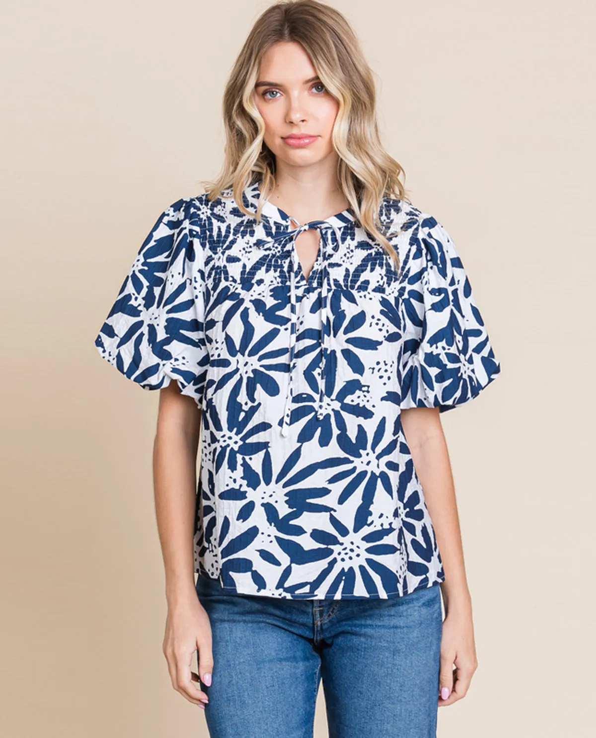 Printed Smocked Puff Sleeve Top