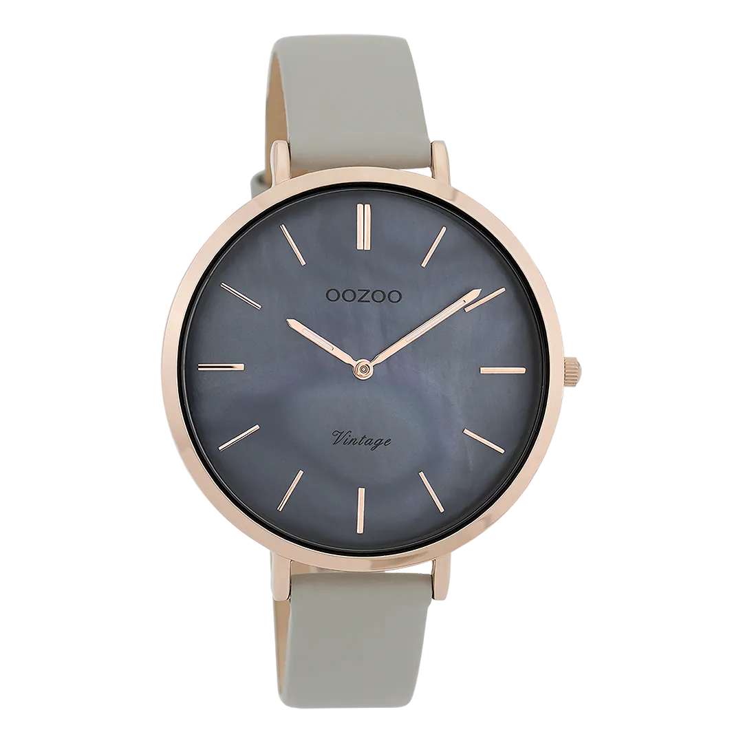 Rose gold coloured  watch with stone grey leather strap