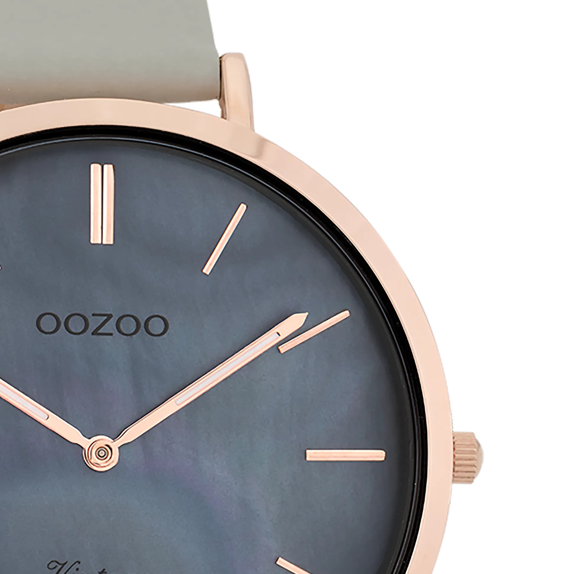 Rose gold coloured  watch with stone grey leather strap