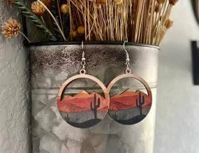 Round Wooden Desert Cactus Drop Earrings