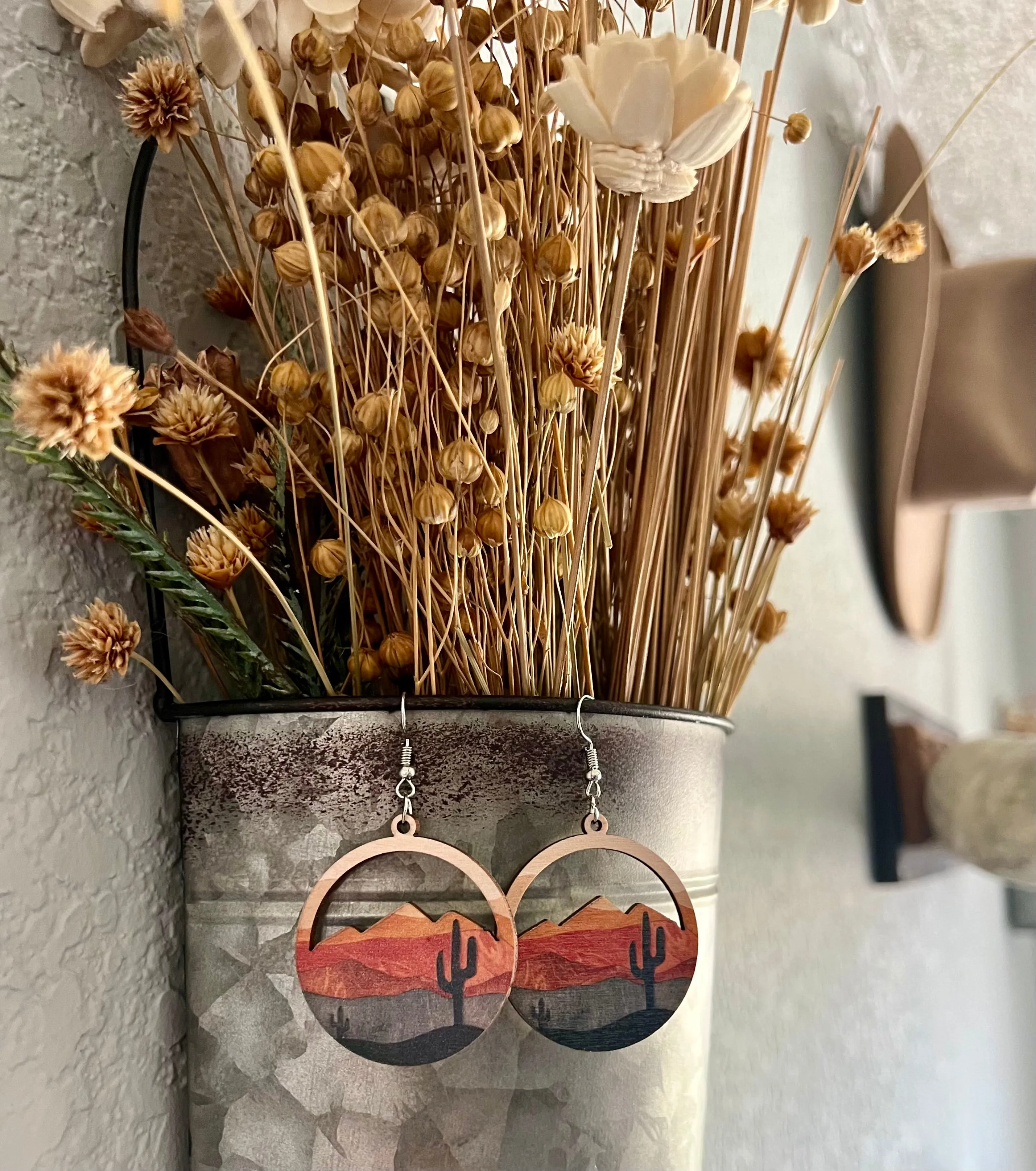 Round Wooden Desert Cactus Drop Earrings