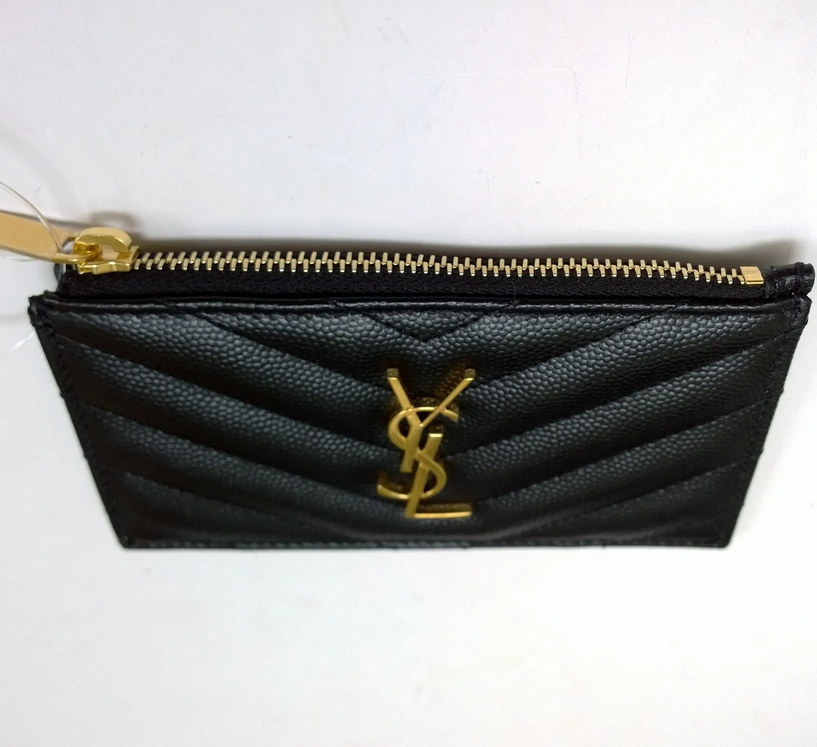 Saint Laurent Fragments Quilted YSL Gold Logo Black Leather Card Wallet Case