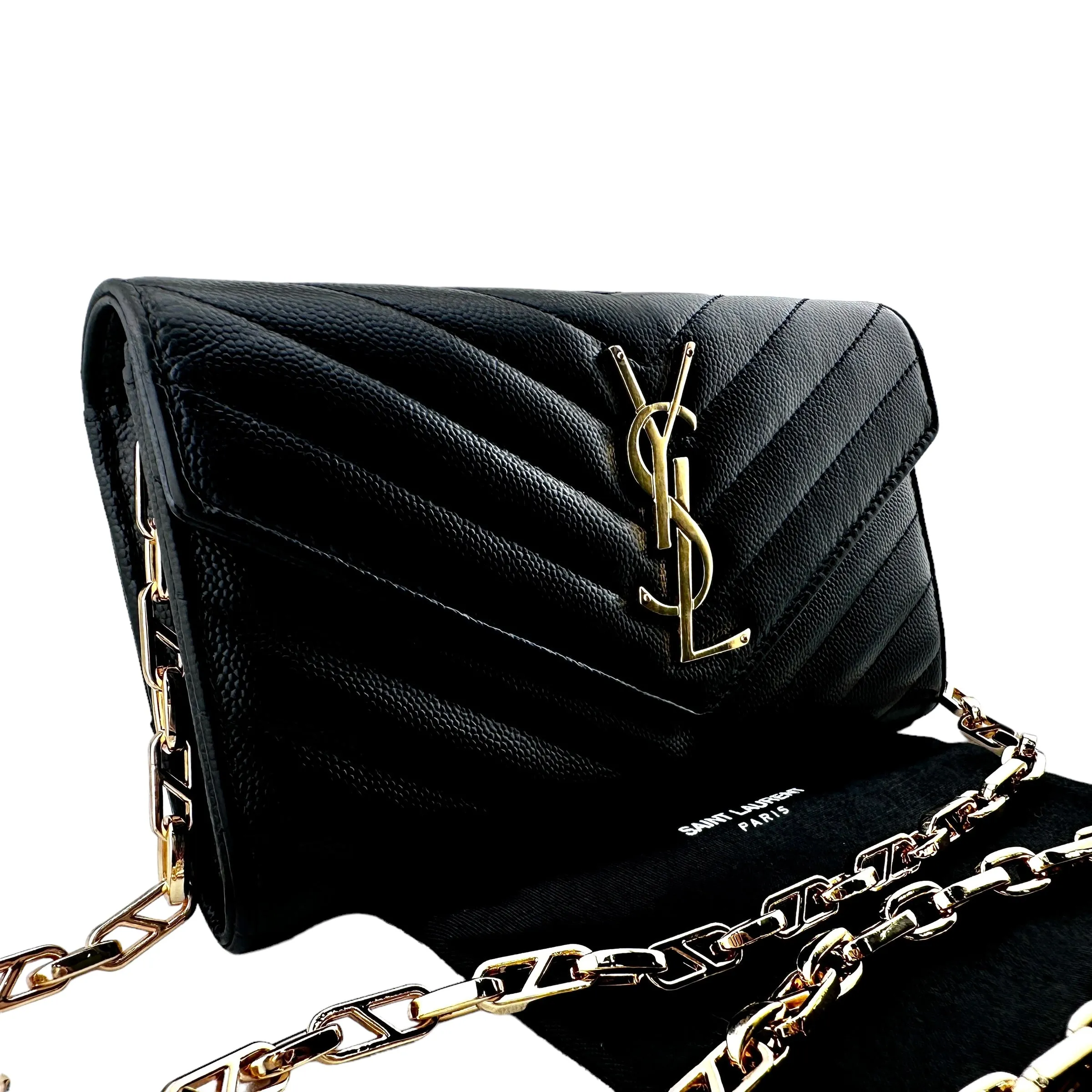 SAINT LAURENT Grain de Poudre Chevron Cassandra YSL Clutch with Unbranded Chain