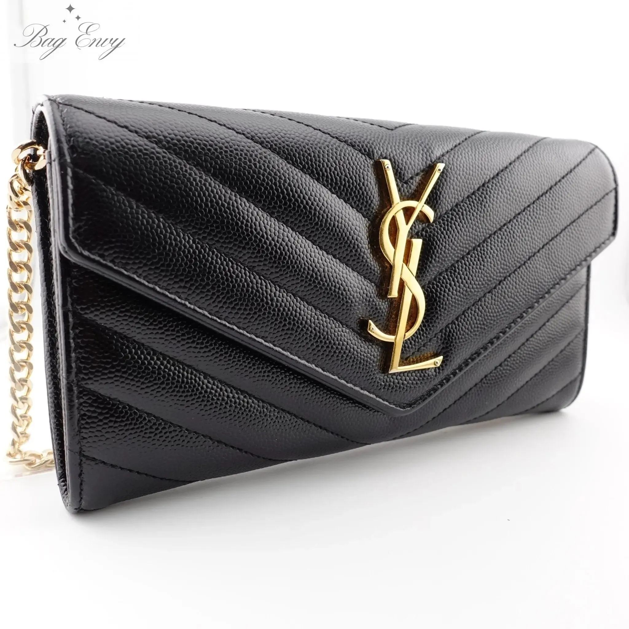 SAINT LAURENT Grain de Poudre Chevron Cassandra YSL Clutch with Unbranded Chain