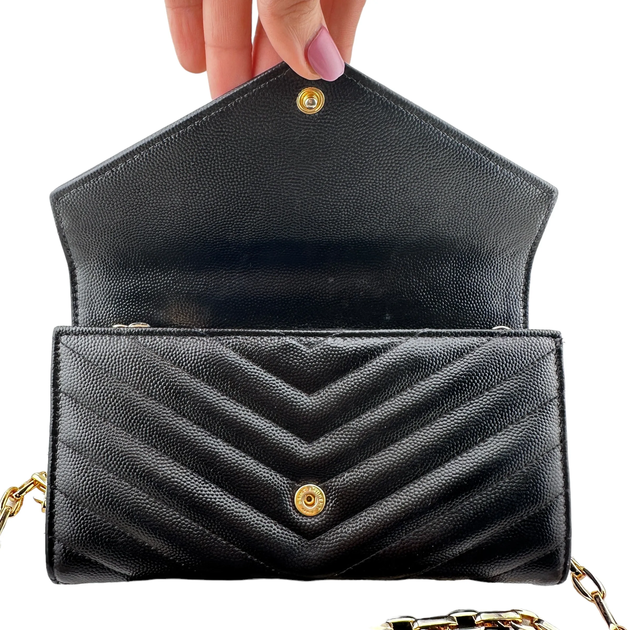 SAINT LAURENT Grain de Poudre Chevron Cassandra YSL Clutch with Unbranded Chain