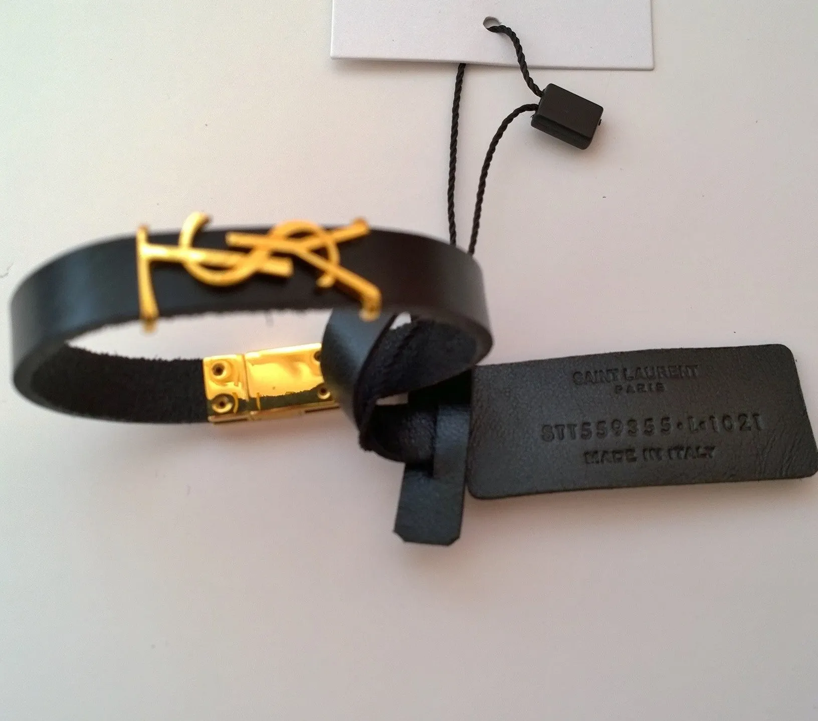 Saint Laurent Opyum YSL Logo Black Leather Bracelet Gold Tone