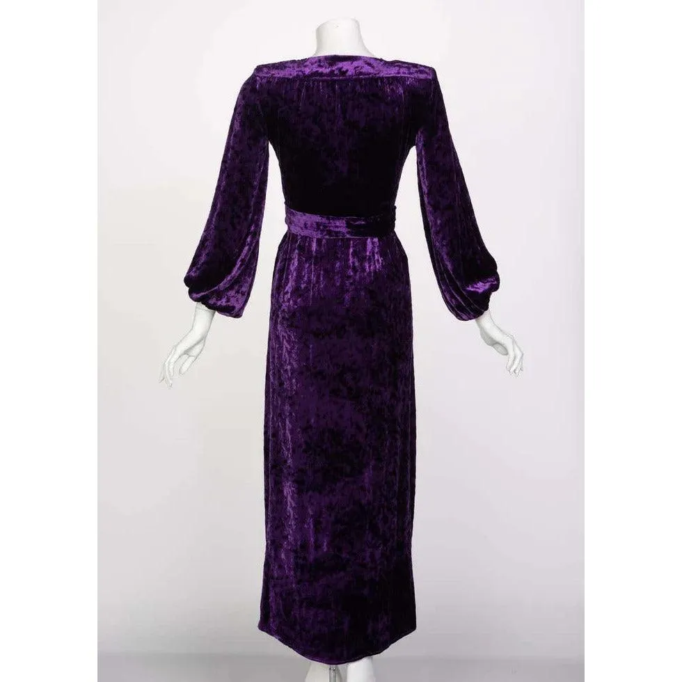 SAINT LAURENT Purple Crushed Velvet Plunge Wrap Dress Ysl Runway, 1985 | Size 34 FR