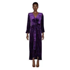 SAINT LAURENT Purple Crushed Velvet Plunge Wrap Dress Ysl Runway, 1985 | Size 34 FR