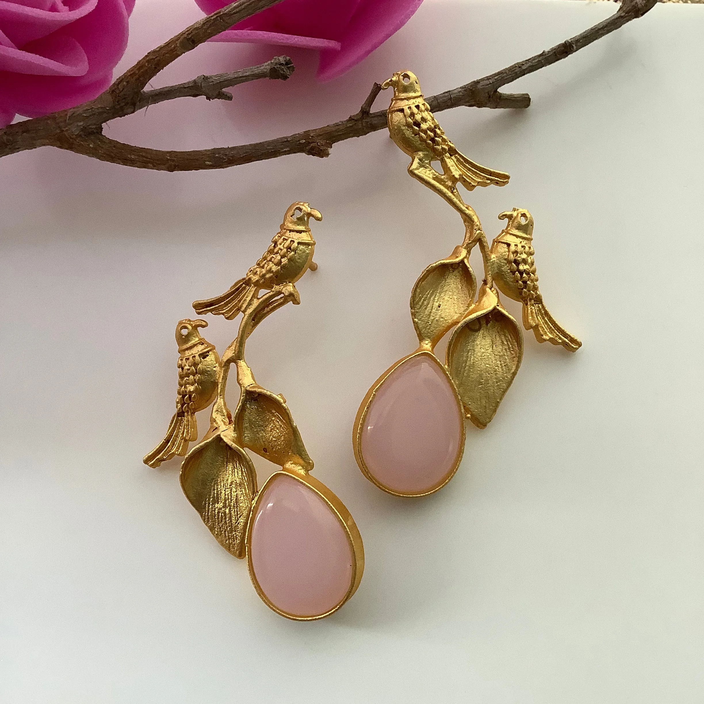 Salvanity Golden Brass Twin Bird Stone Earrings (Monalisa Pink)