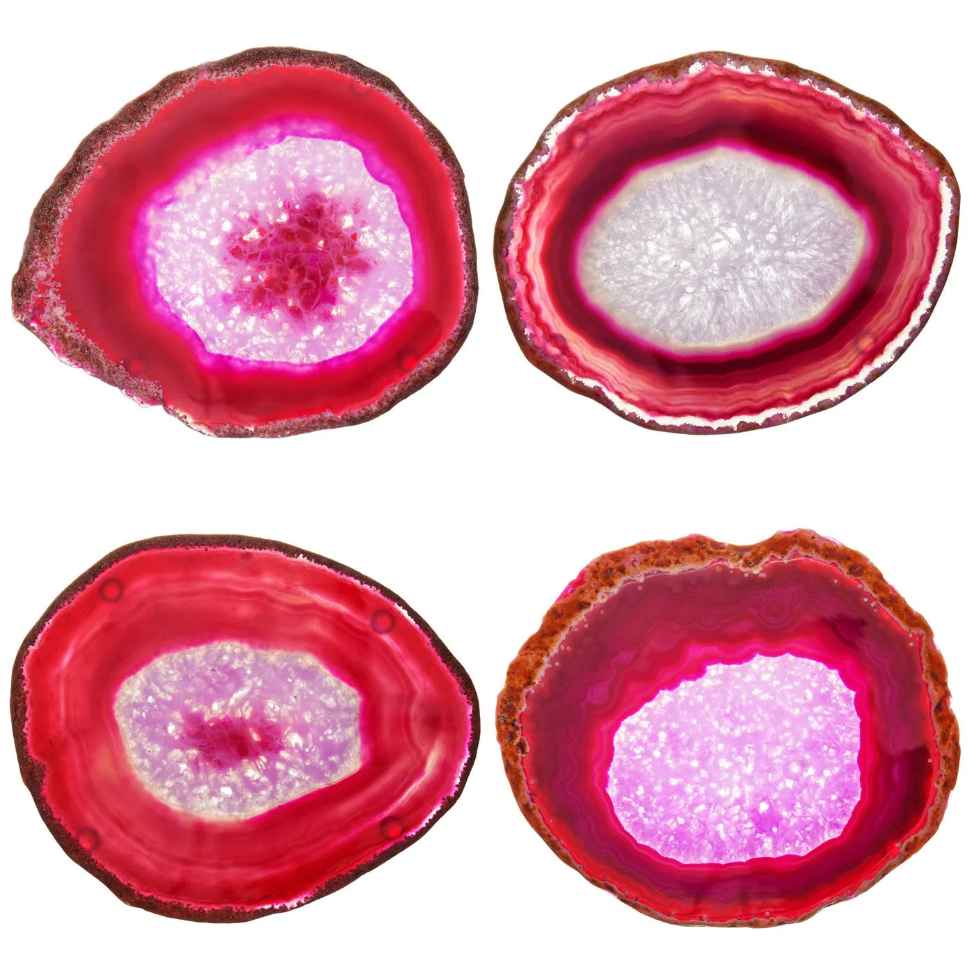 Set of 4 Natural Brazilian Agate Drink Coasters with Wood Holder - Rose Pink