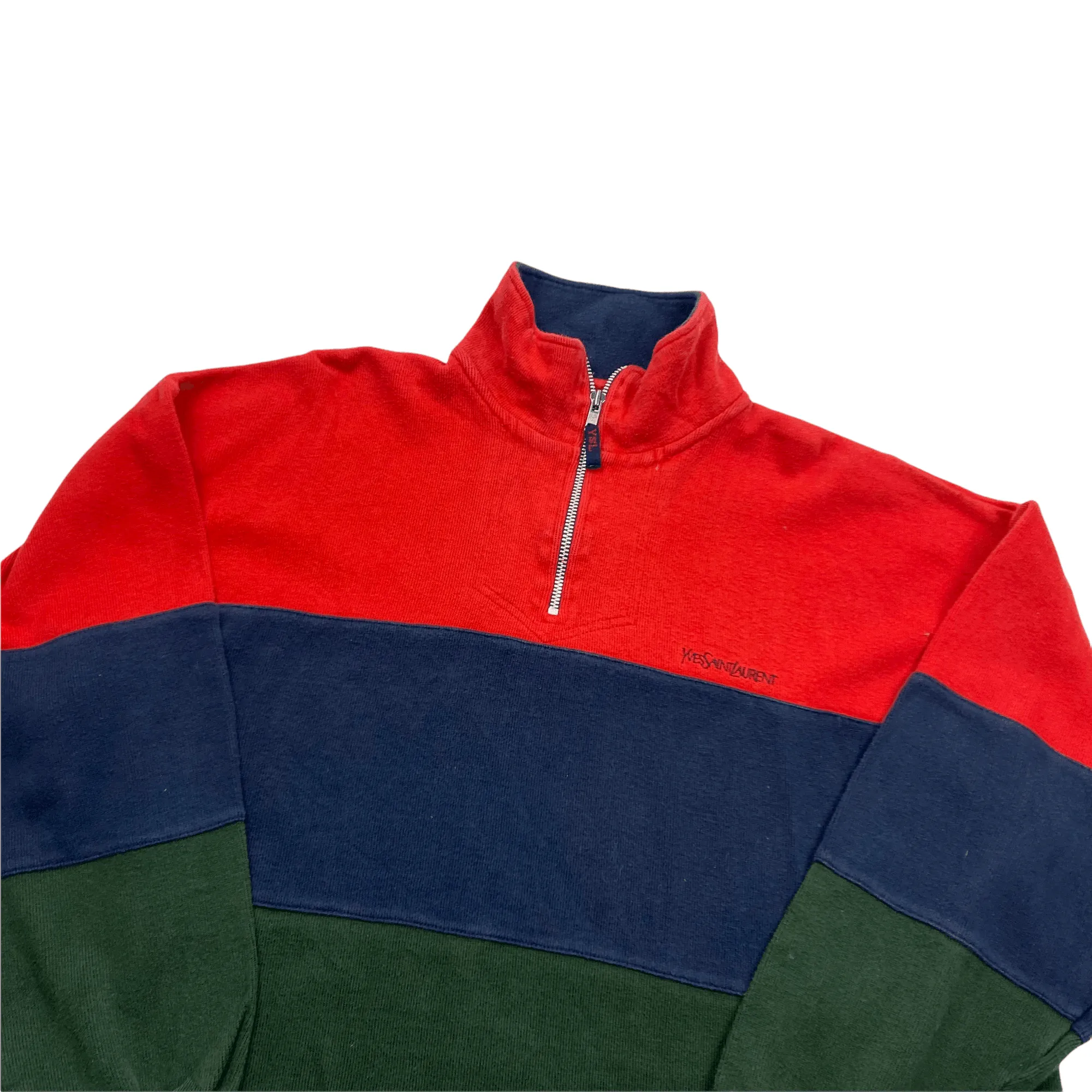 Vintage 90s Red, Navy Blue   Green Yves Saint Laurent Spell-Out Quarter Zip Sweatshirt - Medium